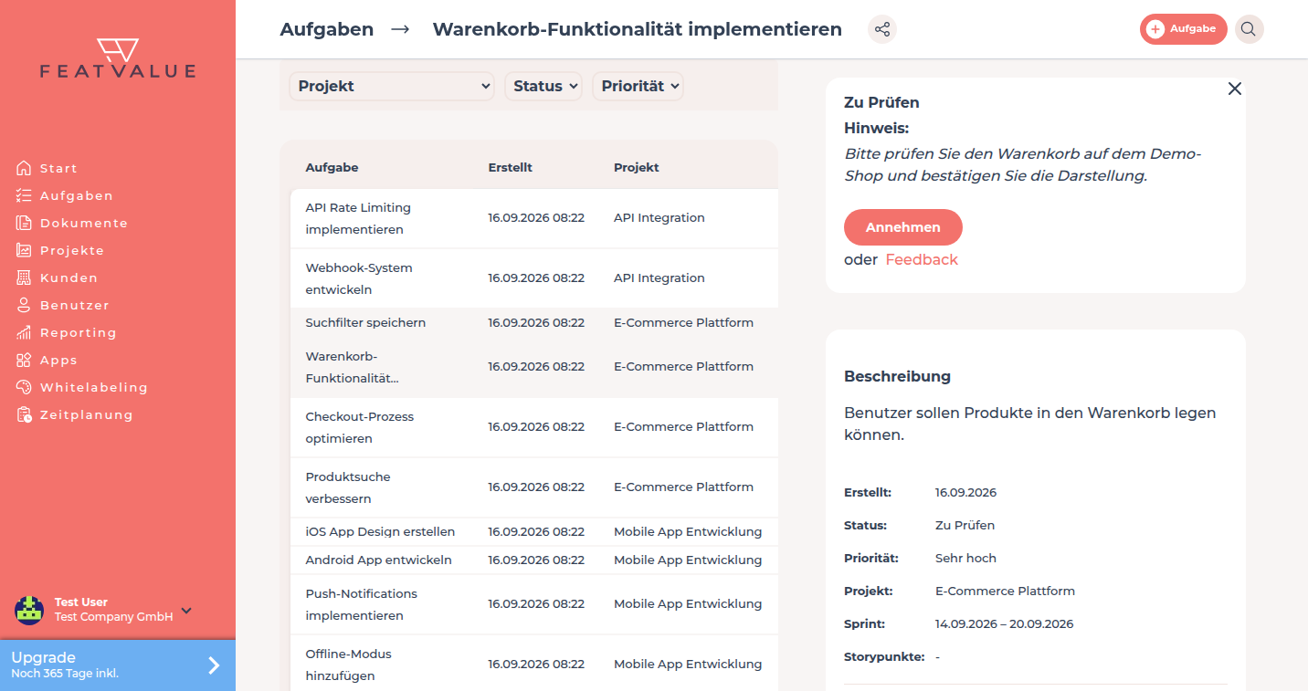 Aufgabe in Prüfung mit Abnahmehinweis und Schaltflächen für Überarbeitung und Annahme