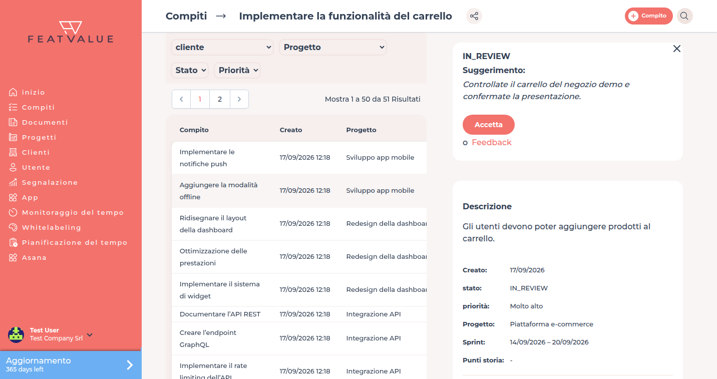 Dettagli Compito in In esame con i pulsanti Accetta e Feedback e la descrizione di verifica