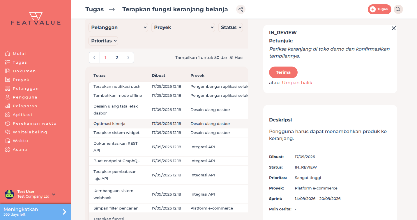 Detail tugas dengan status Dalam pemeriksaan, tombol menerima dan umpan balik, serta deskripsi pemeriksaan