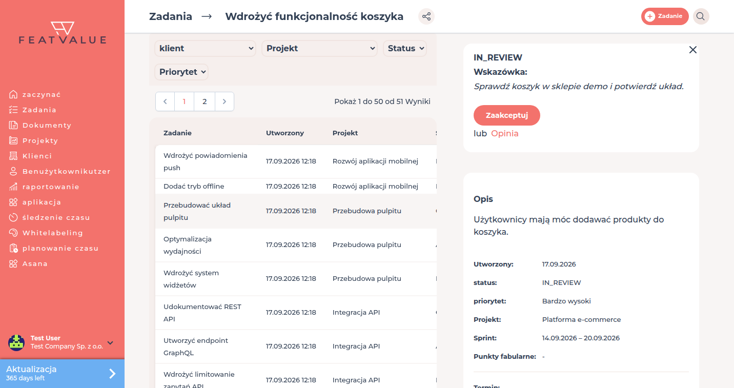 Szczegóły zadania ze statusem W trakcie badania, przyciskami przyjęcia i informacji zwrotnej oraz opisem weryfikacji