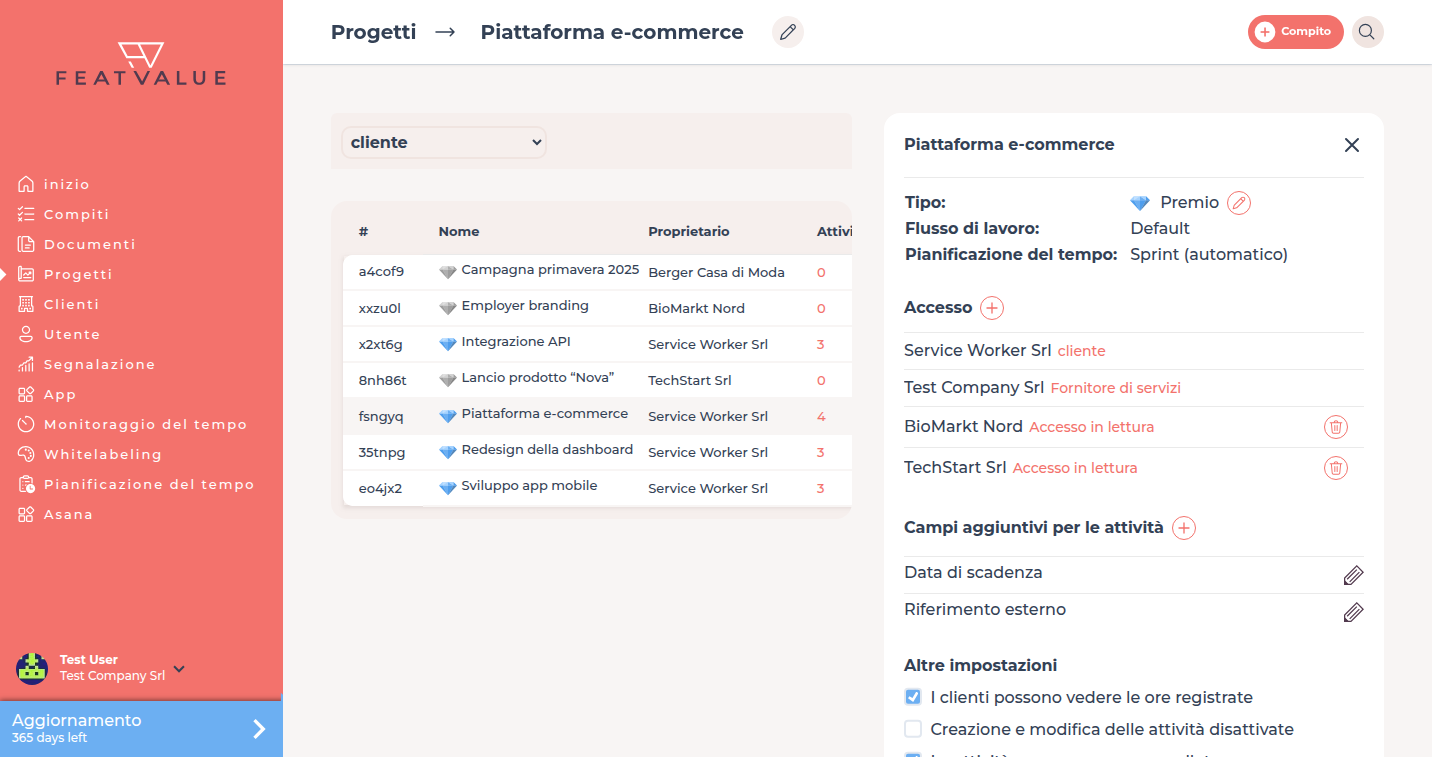 Progetto Piattaforma e-commerce aperto con le Impostazioni nel pannello laterale