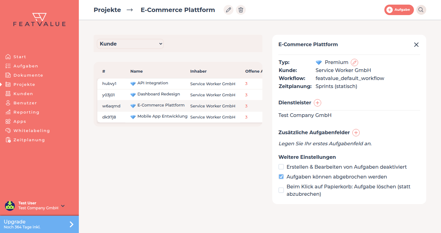 Geöffnetes Projekt E-Commerce Plattform, in dem Sie ein Premium-Projekt setzen