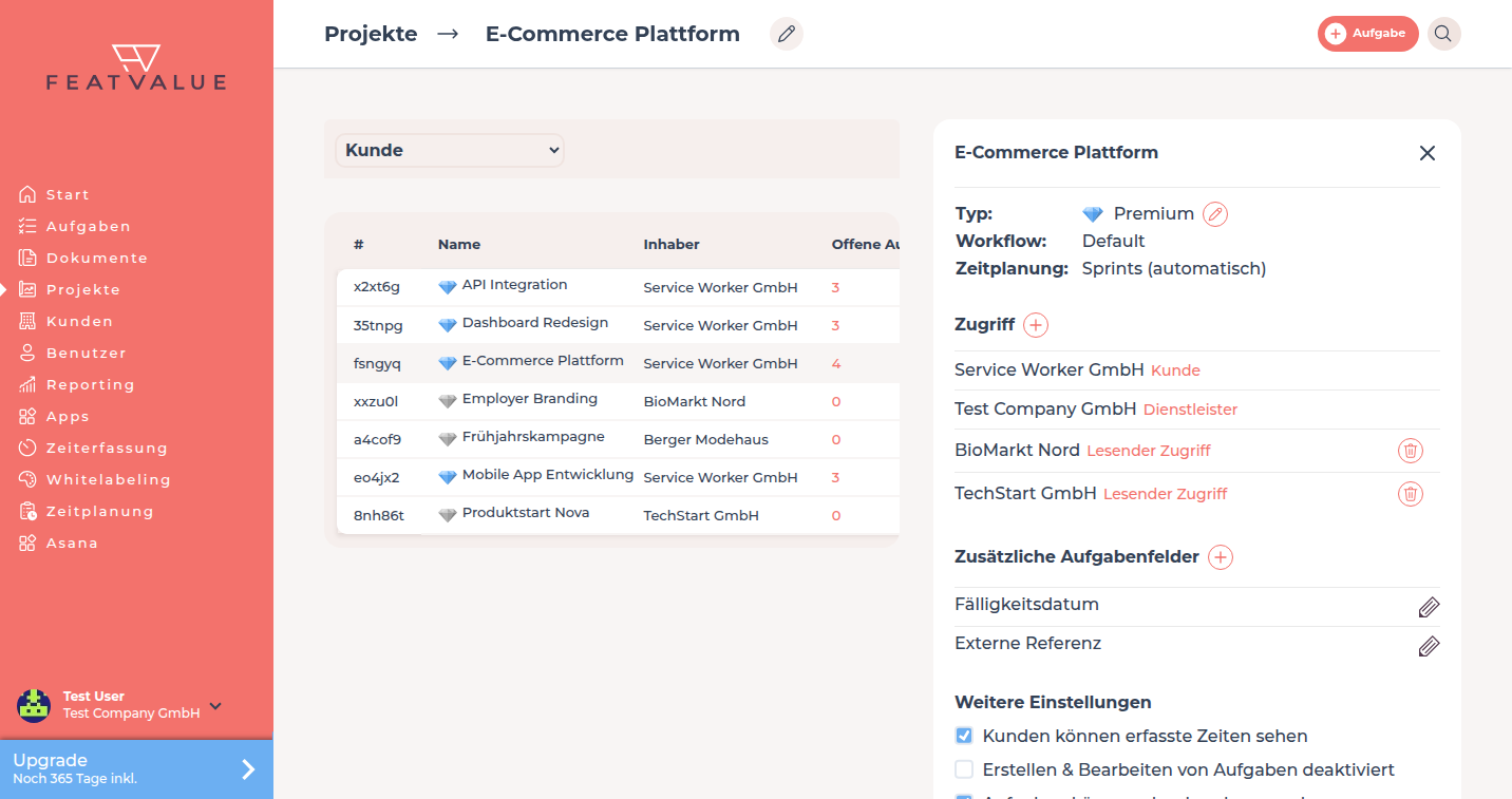 Projekt mit mehreren zusätzlichen Aufgabenfeldern und Workflow Standard