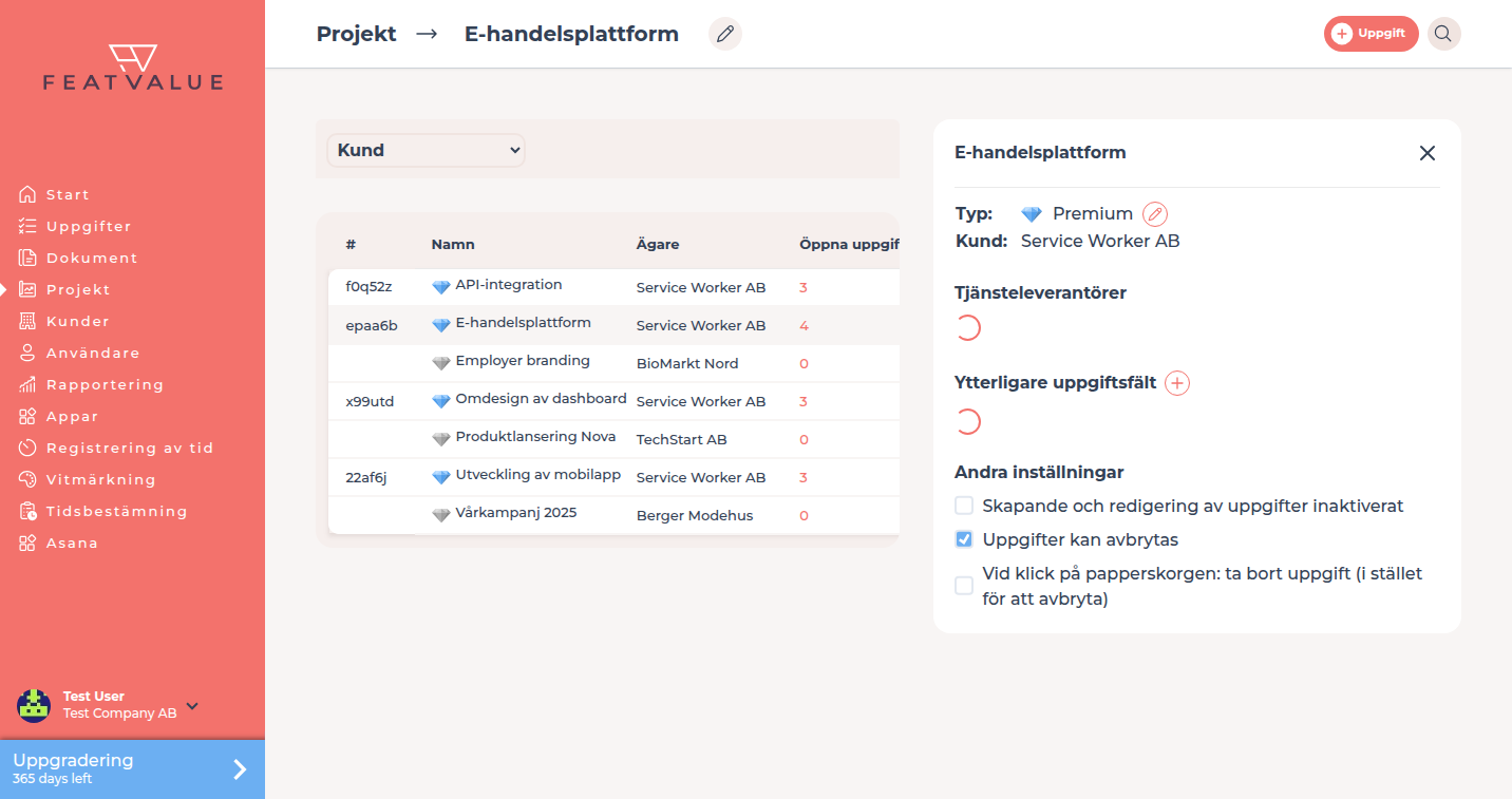 Projekt med flera extra uppgiftsfält och arbetsflödet Standard