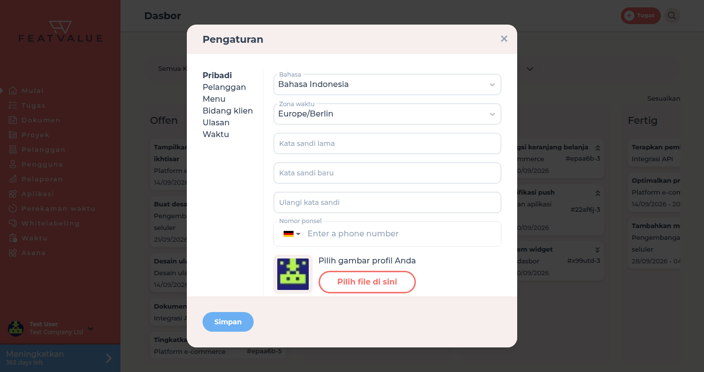Dialog Pengaturan pada tab Pribadi dengan Bahasa, Zona waktu, dan kata sandi