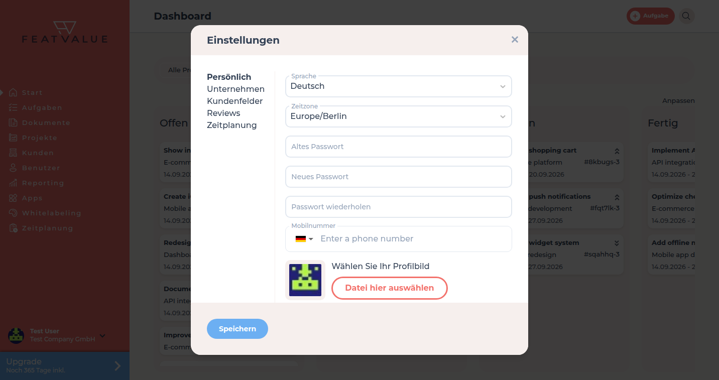 Dialog Einstellungen auf dem Reiter Persönlich mit Sprache, Zeitzone und Passwort