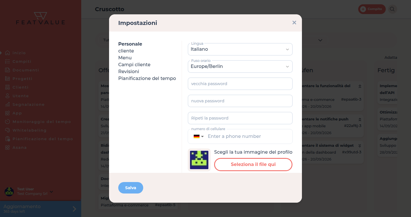 Finestra Impostazioni sulla scheda Personale con Lingua, Fuso orario e password