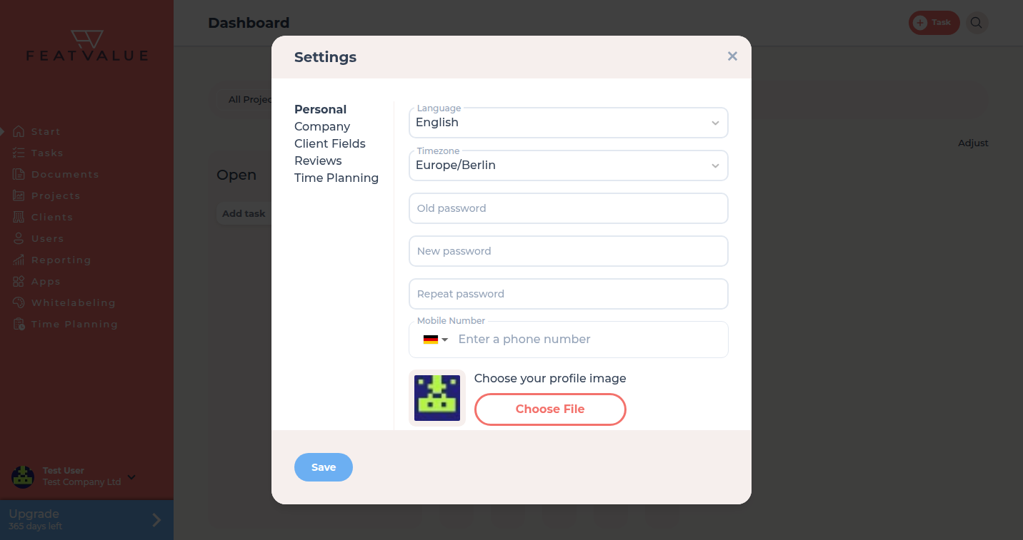 Settings dialog on the Personal tab with Language, Timezone and password fields