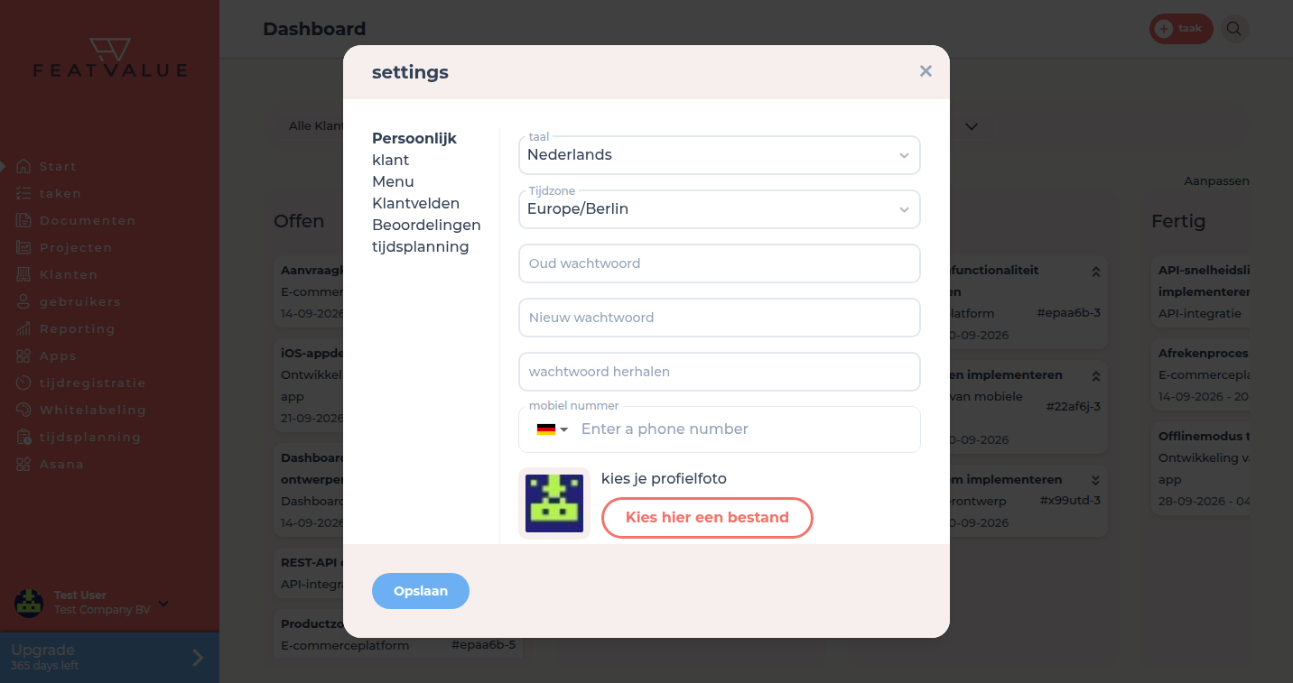 Dialoog settings op het tabblad Persoonlijk met taal, Tijdzone en wachtwoord