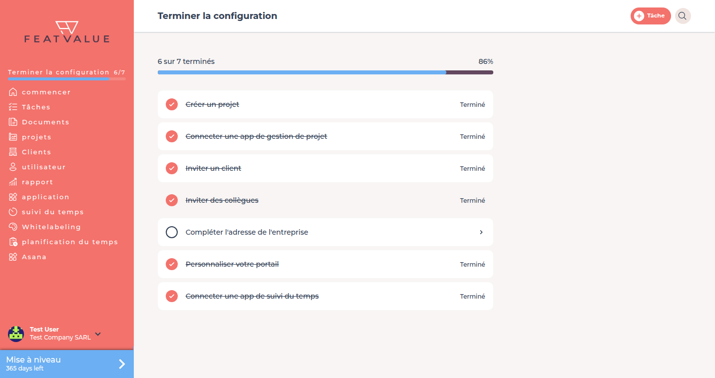 Page Terminer la configuration avec 1 sur 7 terminés et des points ouverts comme Inviter un client