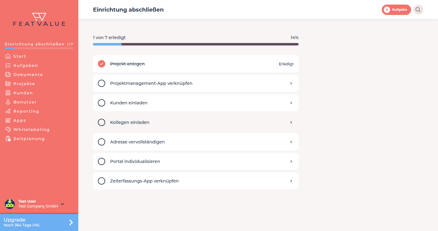 Seite Einrichtung abschließen mit 1 von 7 erledigt und offenen Punkten wie Kunden einladen