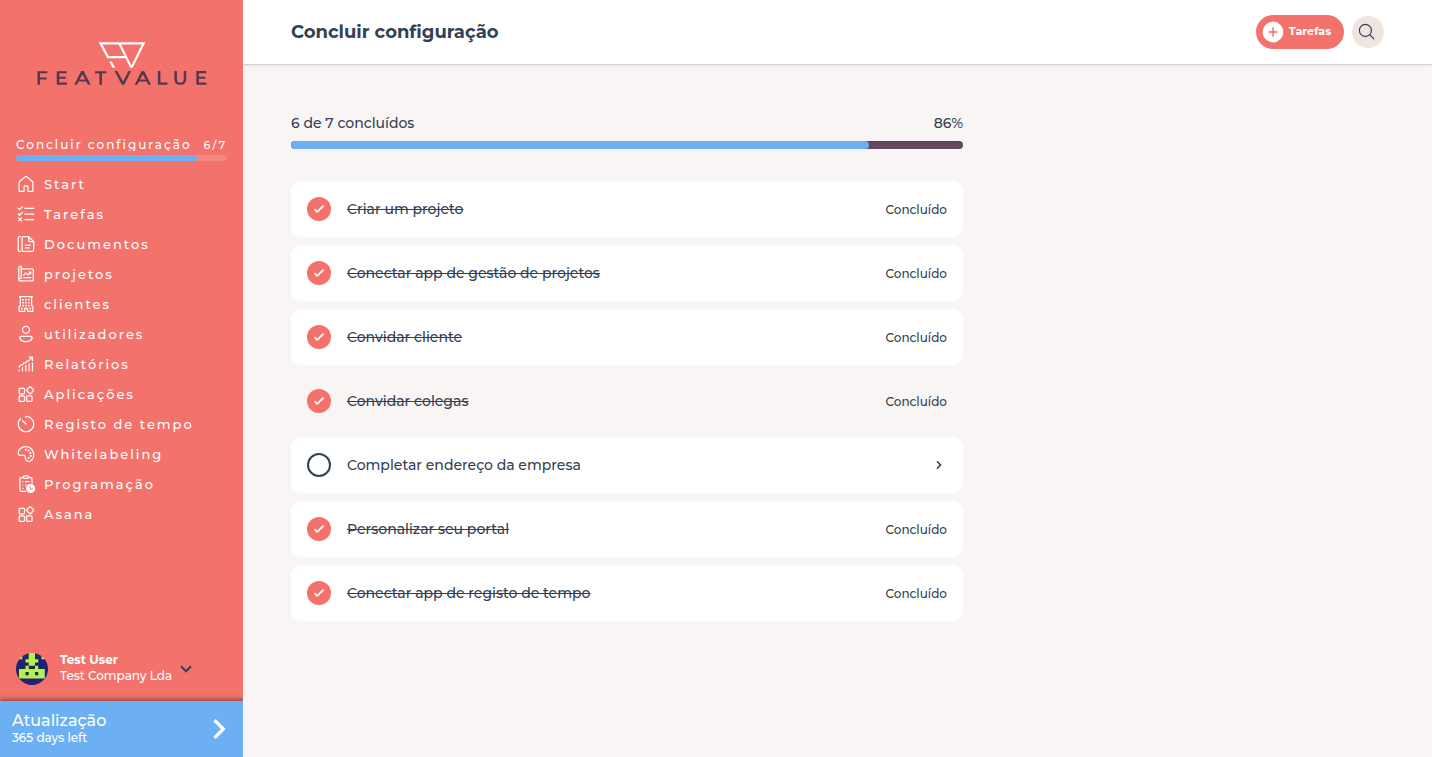 Página Concluir configuração com 1 de 7 concluídos e pontos em aberto como Convidar cliente