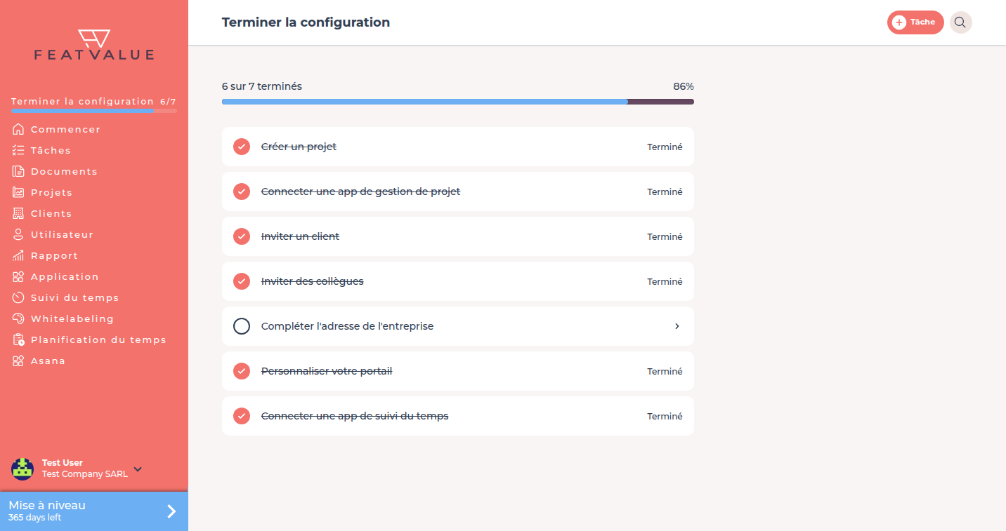 Page Terminer la configuration avec 1 sur 7 terminés et des points ouverts comme Inviter un client