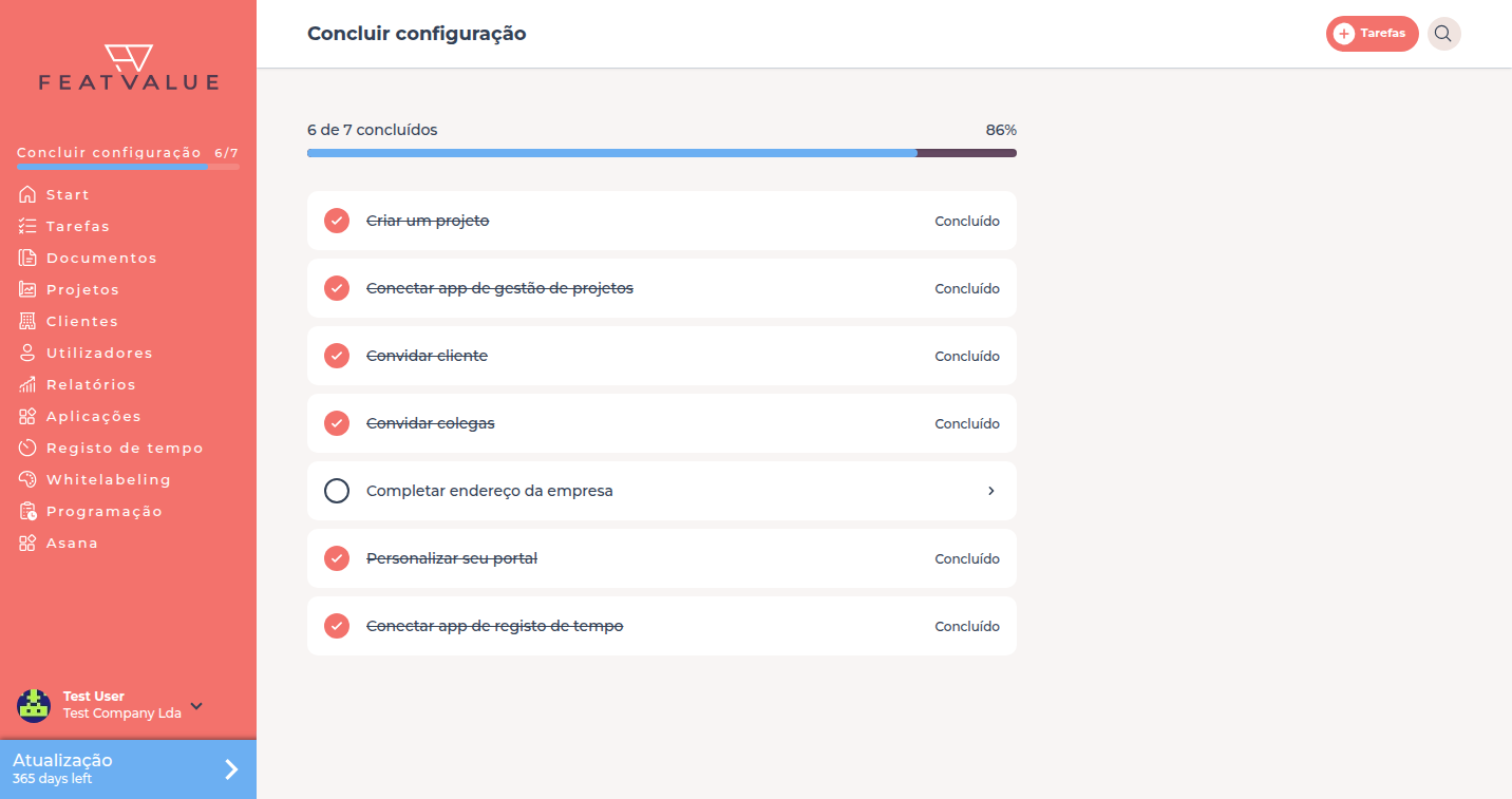 Página Concluir configuração com 1 de 7 concluídos e pontos em aberto como Convidar cliente