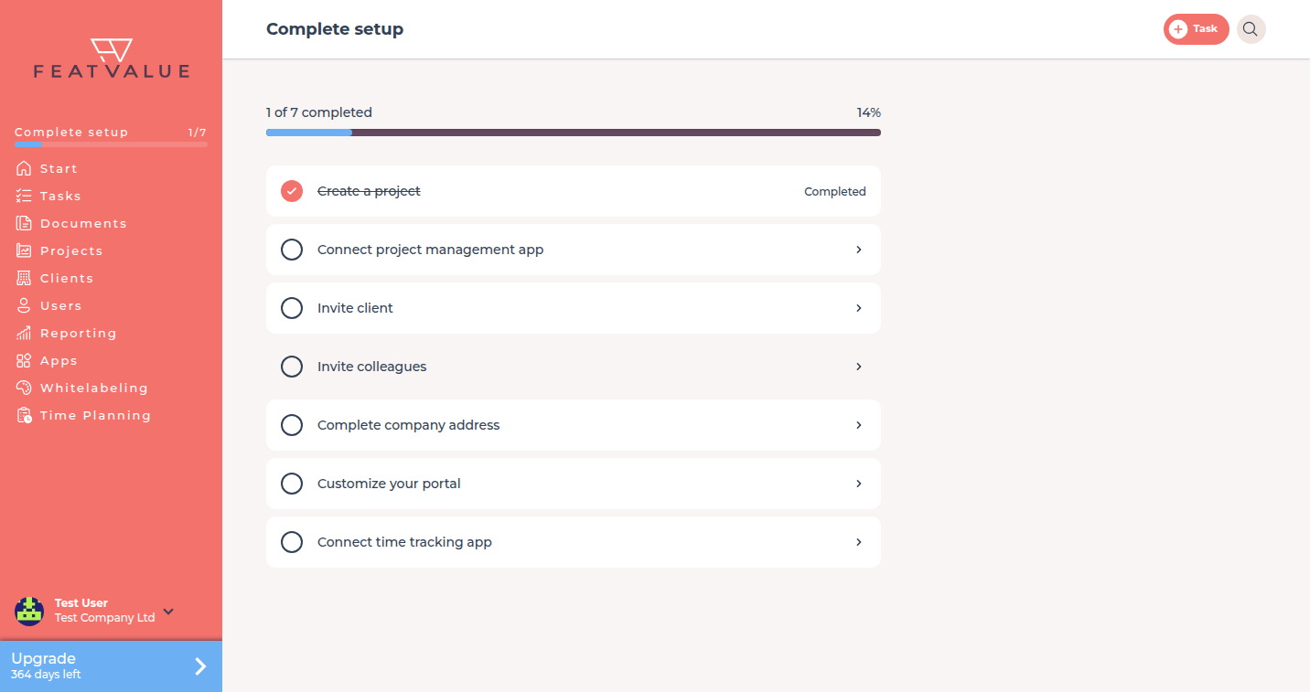 Complete setup page showing 1 of 7 completed and open items such as Invite client