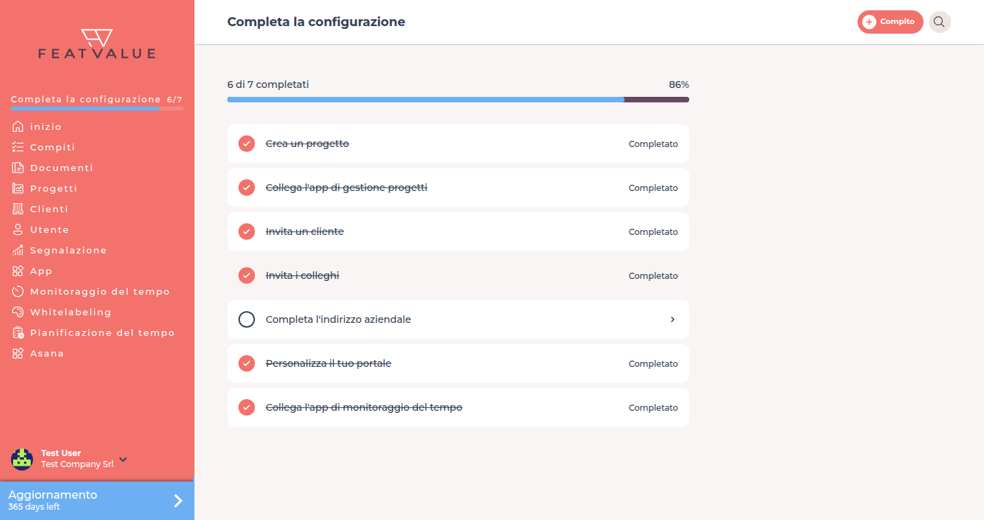 Pagina Completa la configurazione con 1 di 7 completati e punti aperti come Invita un cliente