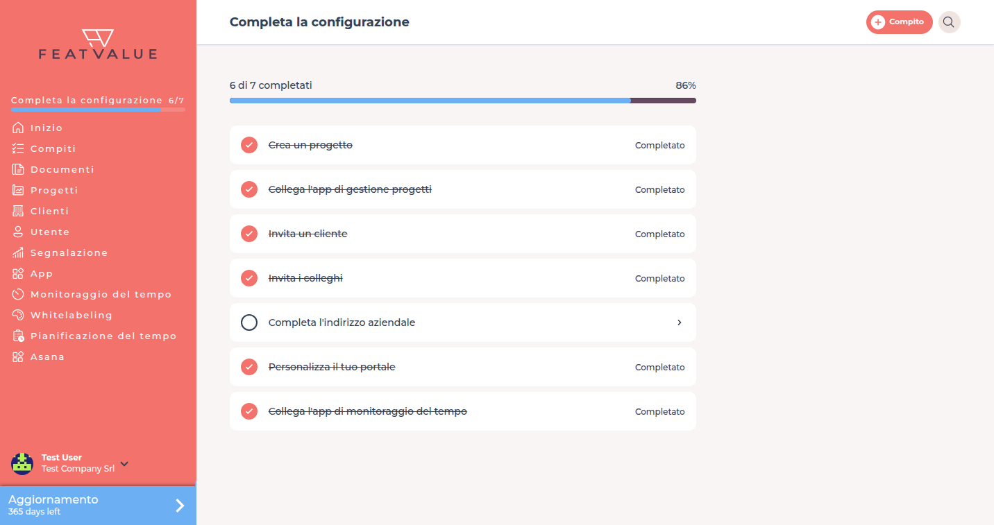 Pagina Completa la configurazione con 1 di 7 completati e punti aperti come Invita un cliente