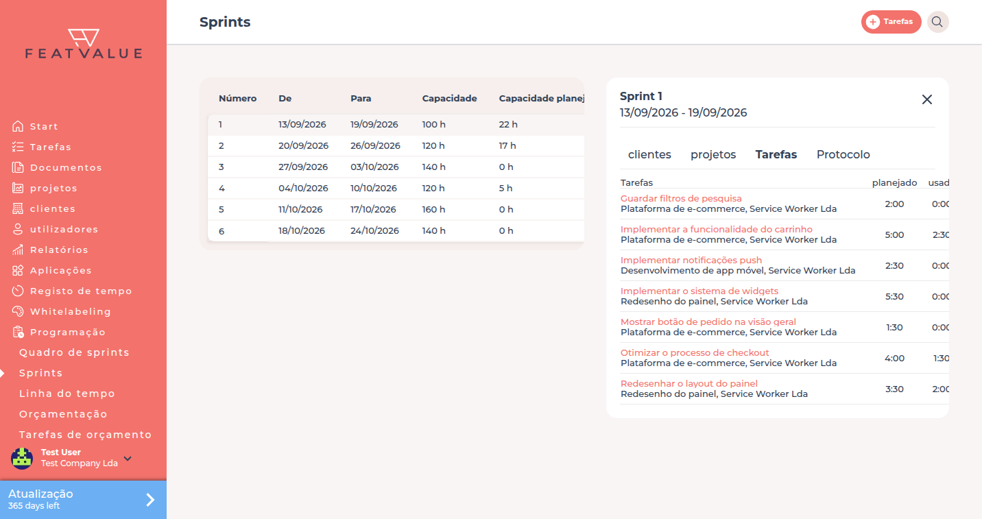 Lista de Sprint com Sprint aberto e separador Tarefas, coluna planejado