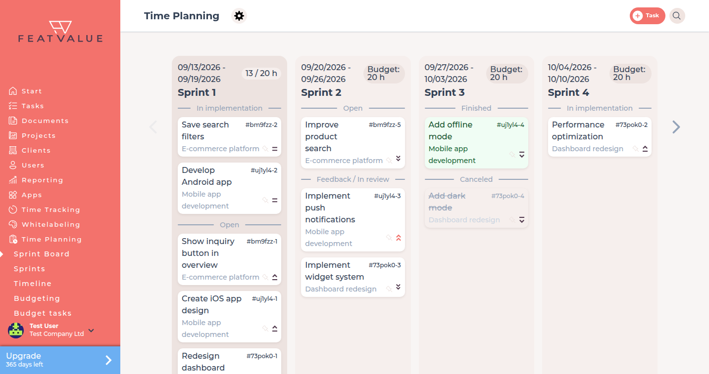 FeatValue sidebar with Time Planning selected