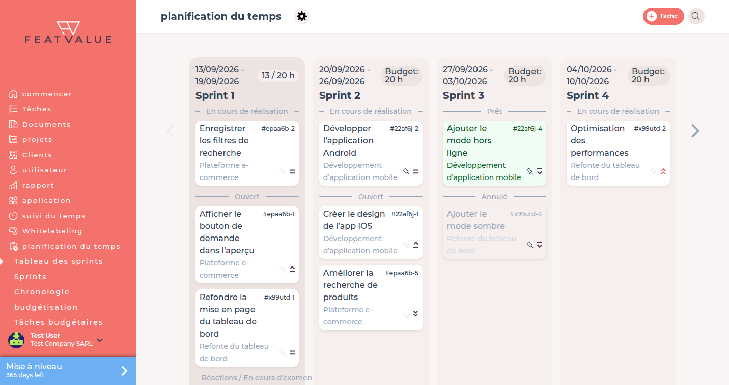 Barre latérale FeatValue avec planification du temps sélectionnée