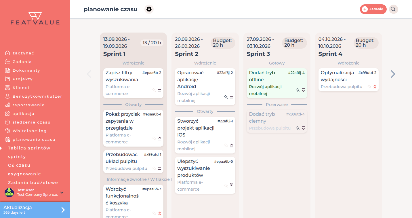 Menu boczne FeatValue z wybranym planowaniem czasu