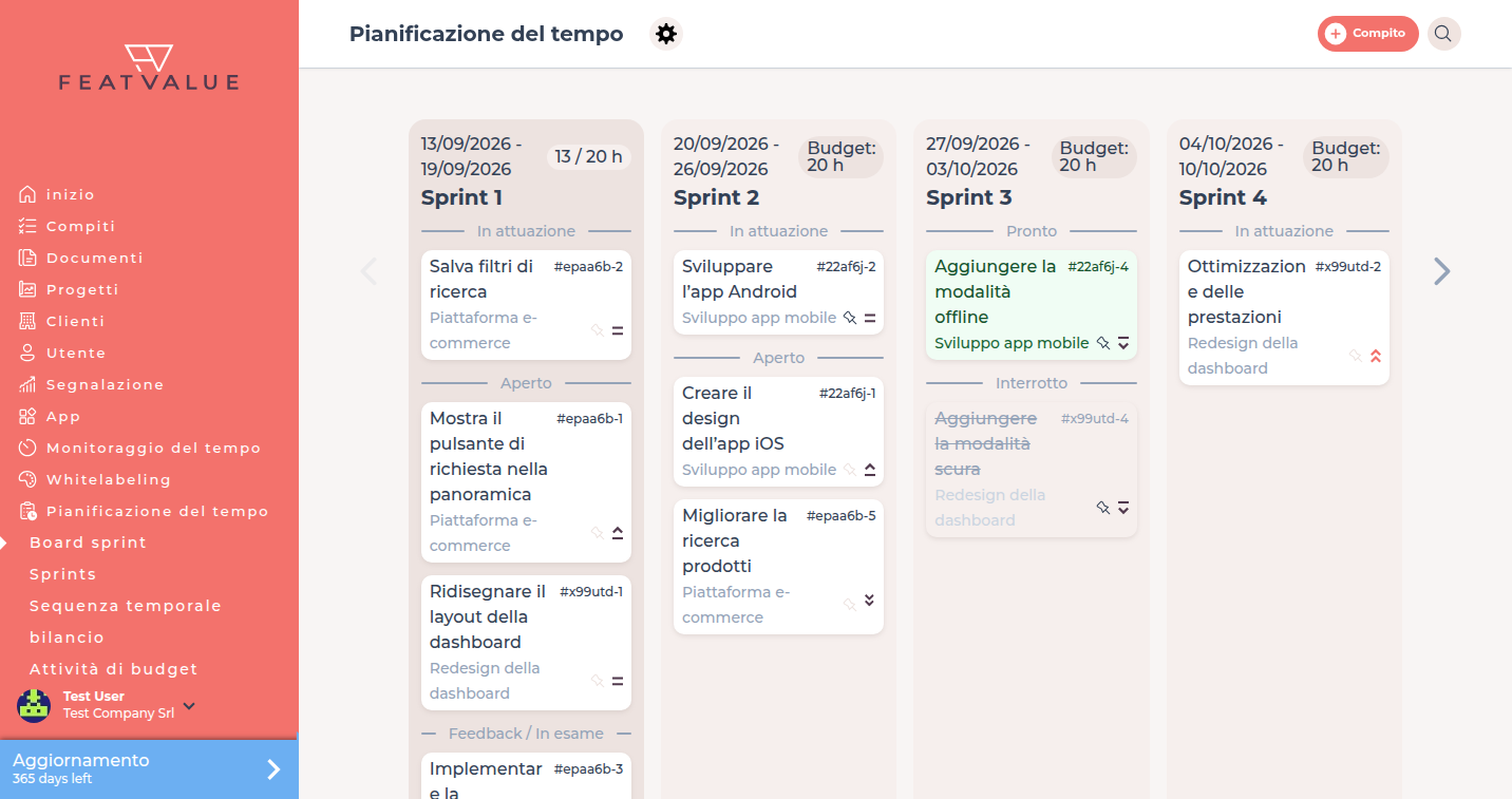 Sidebar FeatValue con Pianificazione del tempo selezionata