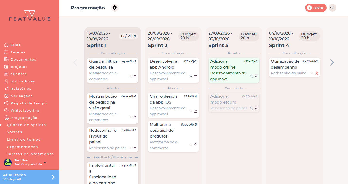 Barra lateral FeatValue com Programação seleccionada