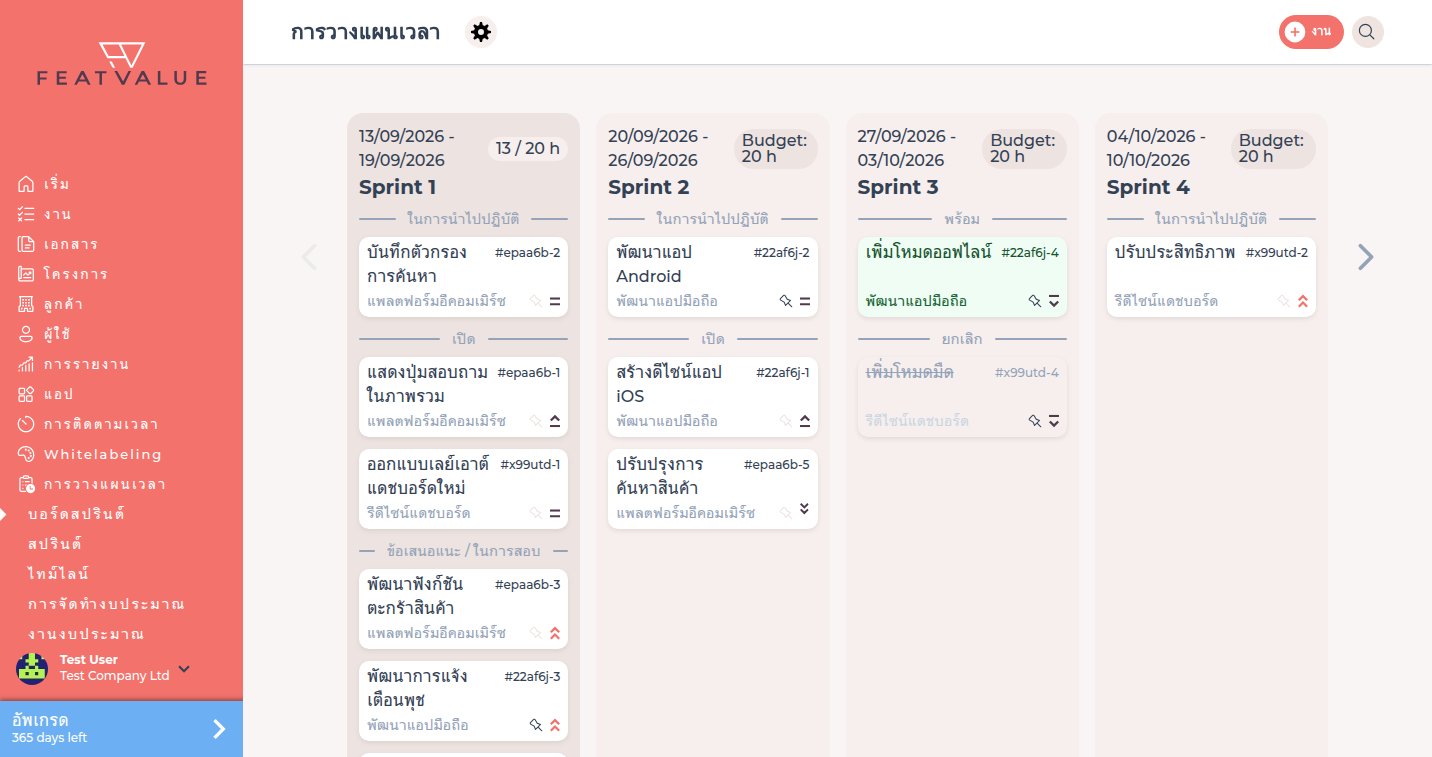 แถบด้านข้าง FeatValue ที่เลือก การวางแผนเวลา