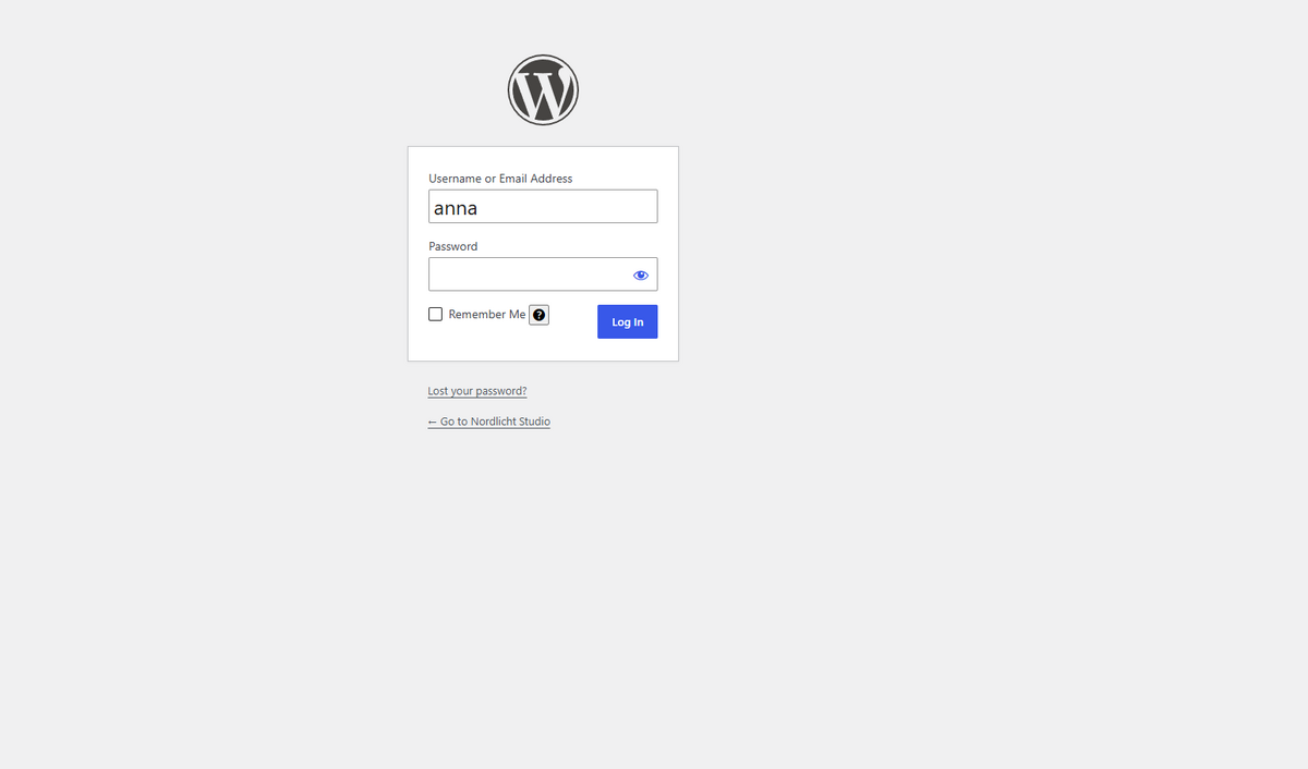WordPress login for the client portal