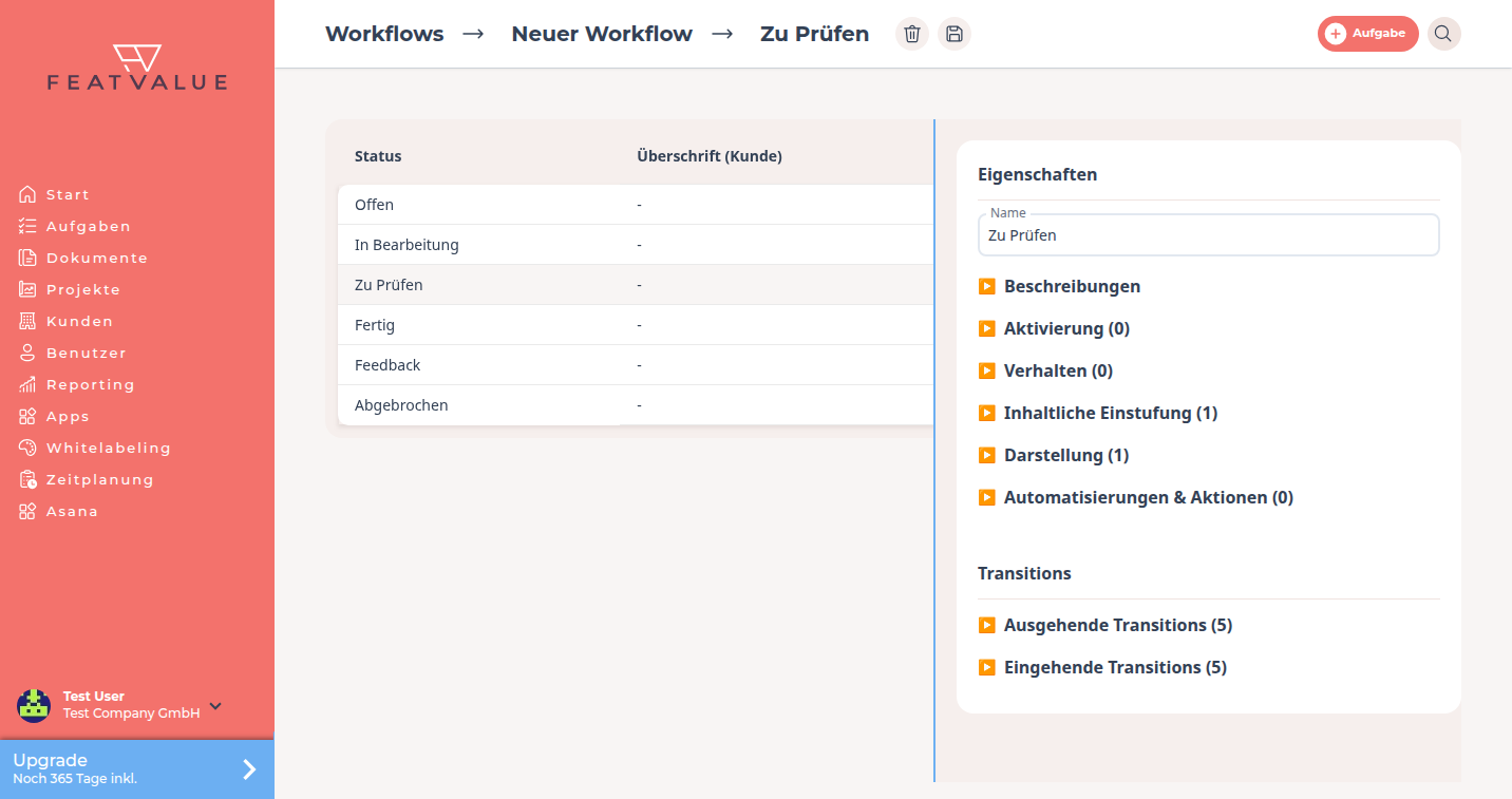 Workflow-Detail mit ausgewähltem Status Zu Prüfen und geöffneter Seitenleiste