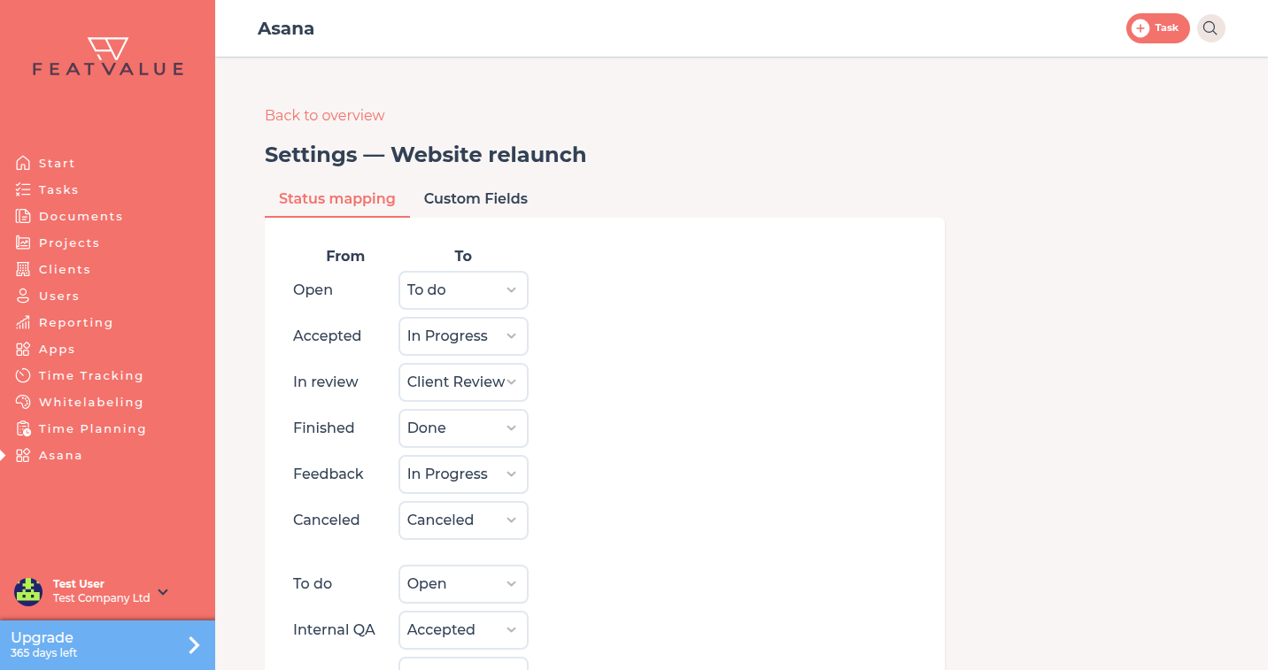 Asana project settings with status mapping, including Internal QA next to FeatValue statuses