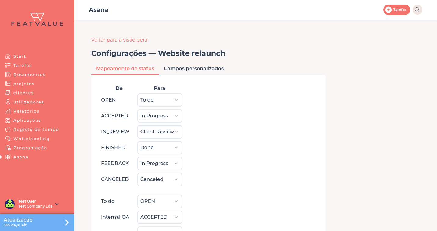 Definições de projeto Asana com mapeamento de Status, incluindo QA interno ao lado do Status FeatValue