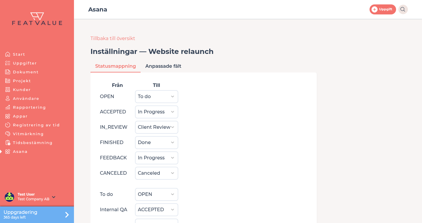 Asana-projektinställningar med statusmappning, däribland intern QA bredvid FeatValue-status