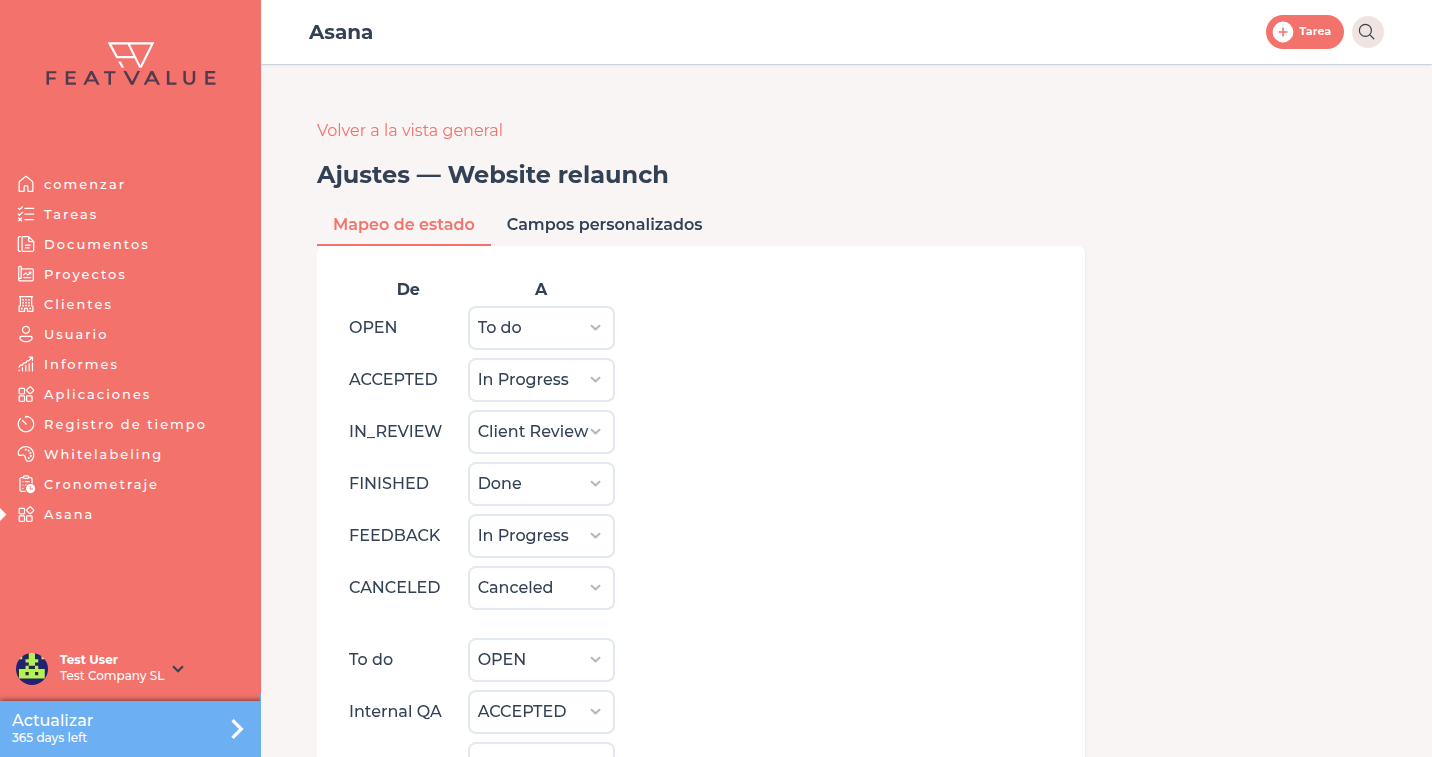 Ajustes de Proyecto de Asana con asignación de estado, debajo QA interno junto a Estados de FeatValue