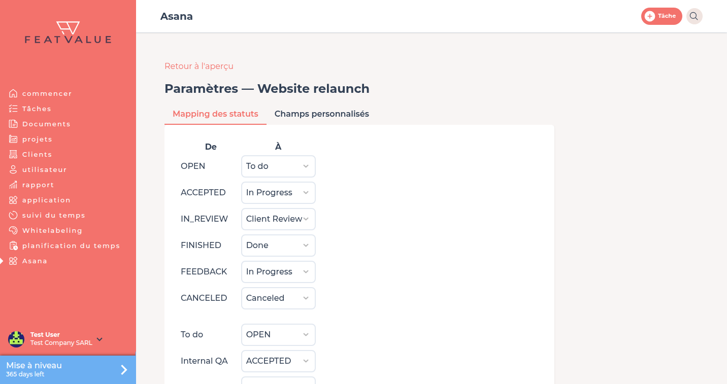 Préférences de Projet Asana avec correspondance des statuts, dont une QA interne à côté des statuts FeatValue