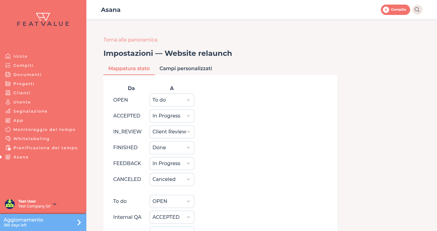 Impostazioni Progetto Asana con mappatura dello stato, tra cui QA interno accanto agli stati FeatValue