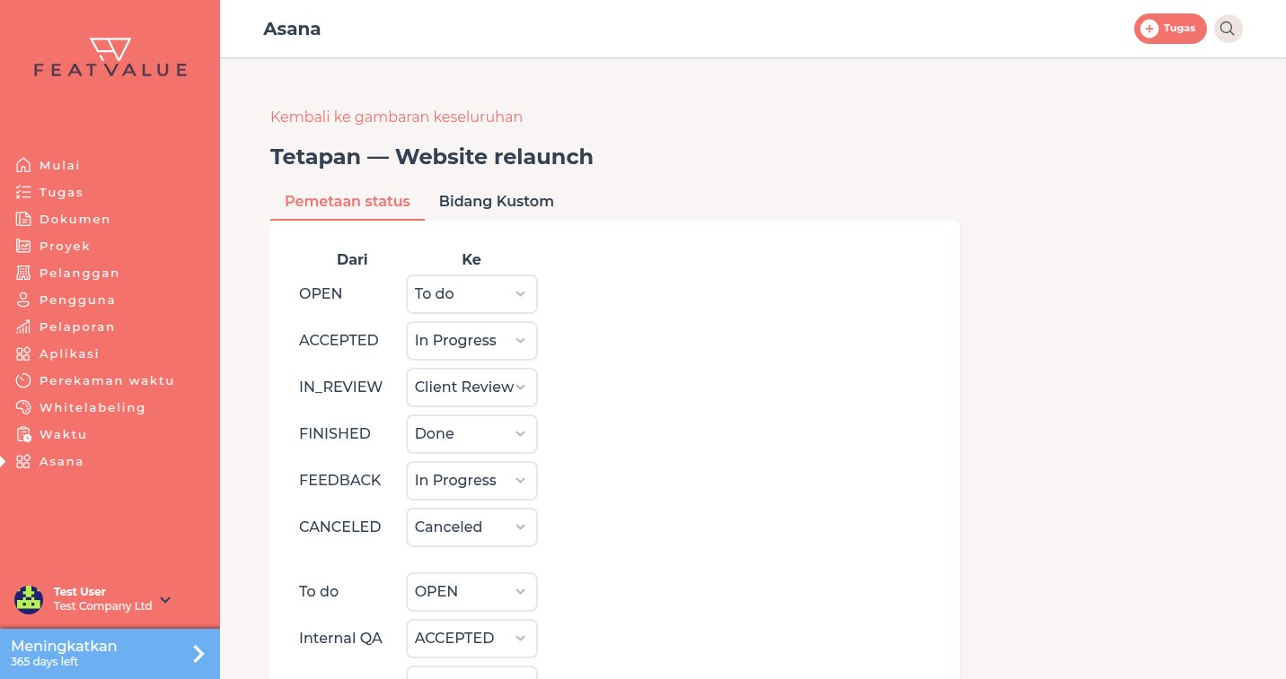 Pengaturan proyek Asana dengan pemetaan status, termasuk QA internal di samping status FeatValue