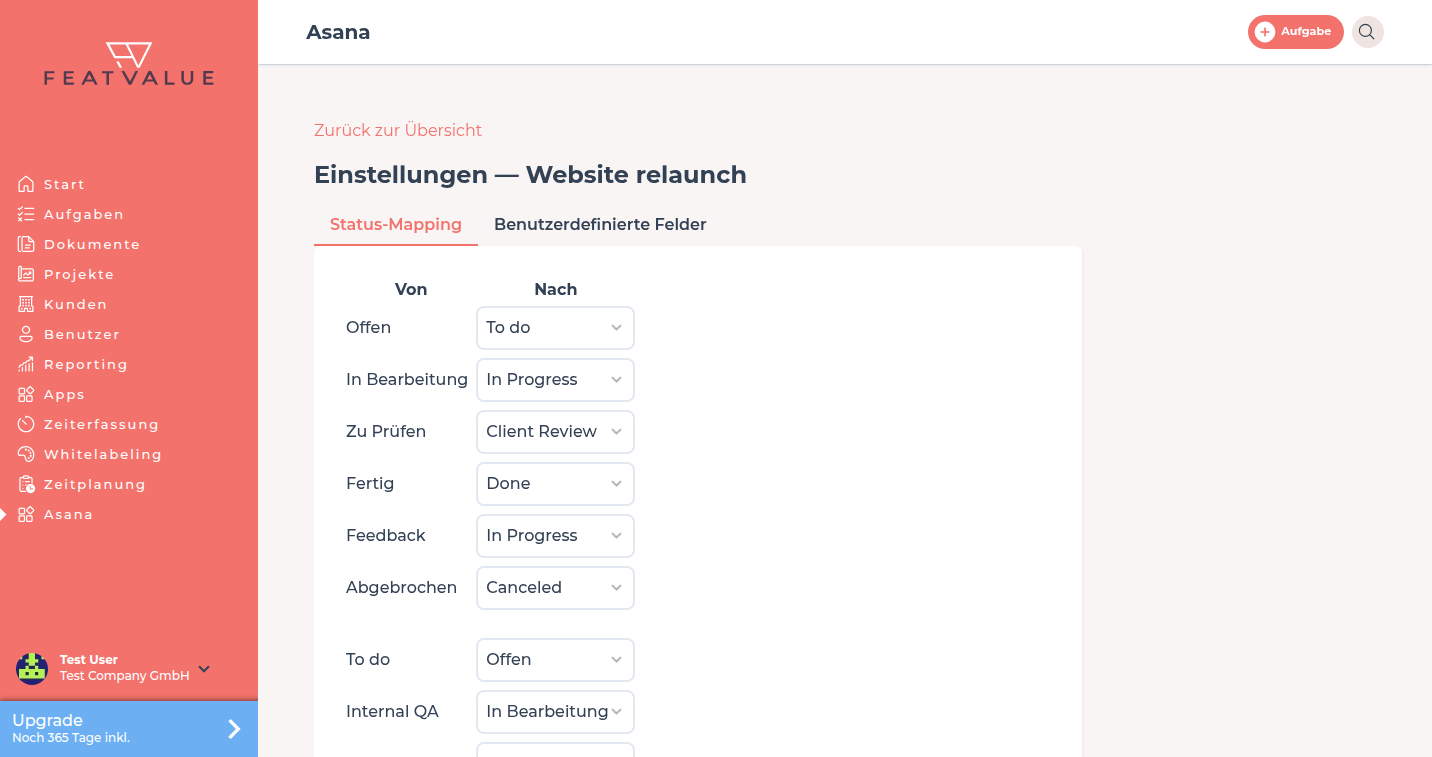 Asana-Projekteinstellungen mit Status-Mapping, darunter interne QA neben FeatValue-Status