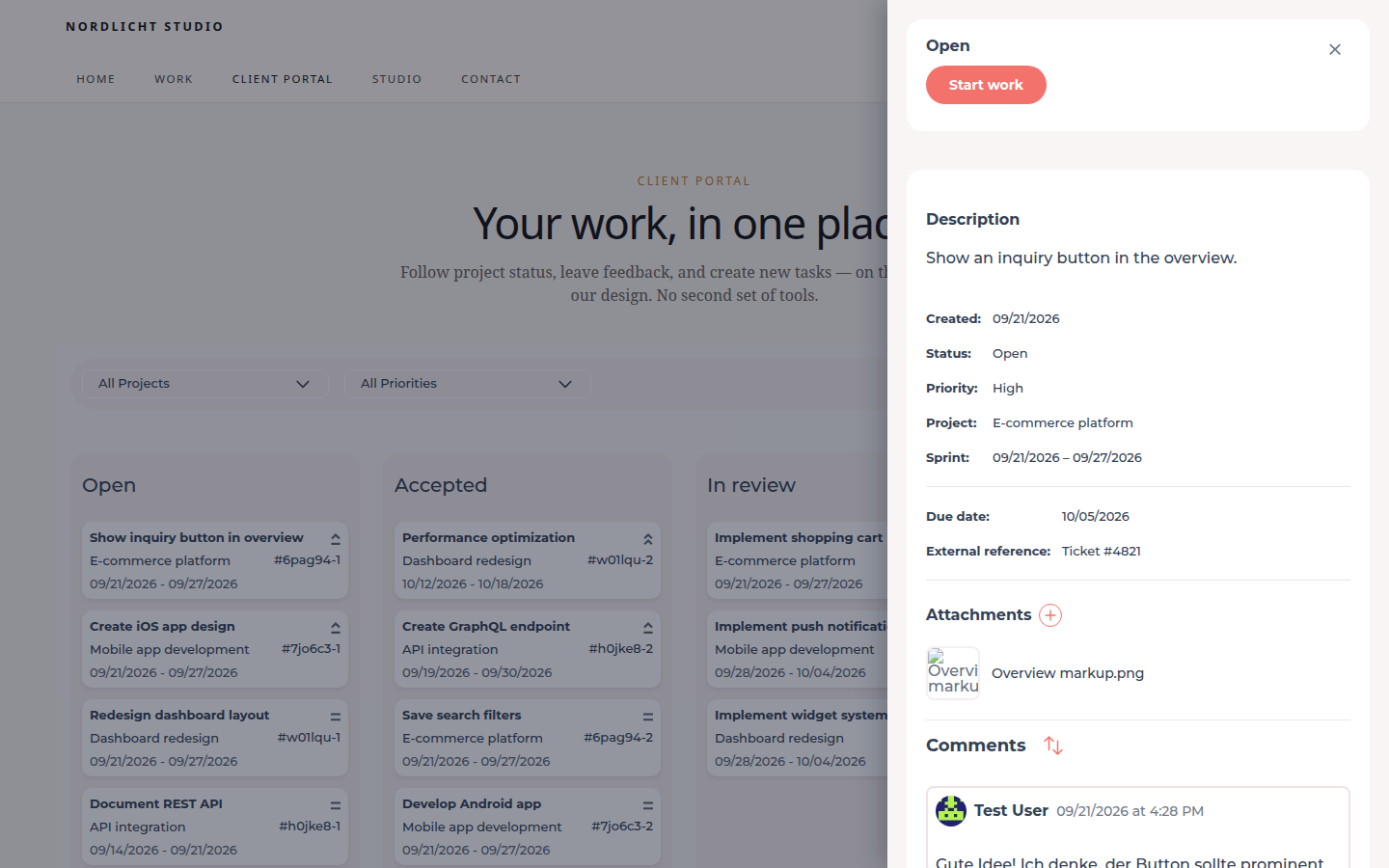Open task sidebar on the Joomla site with description, status and comments