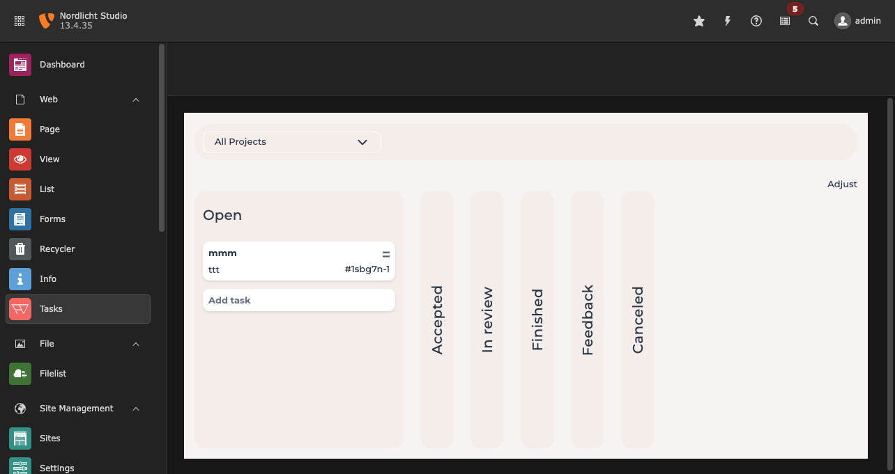 Task board in the TYPO3 backend with the page tree collapsed and an open task