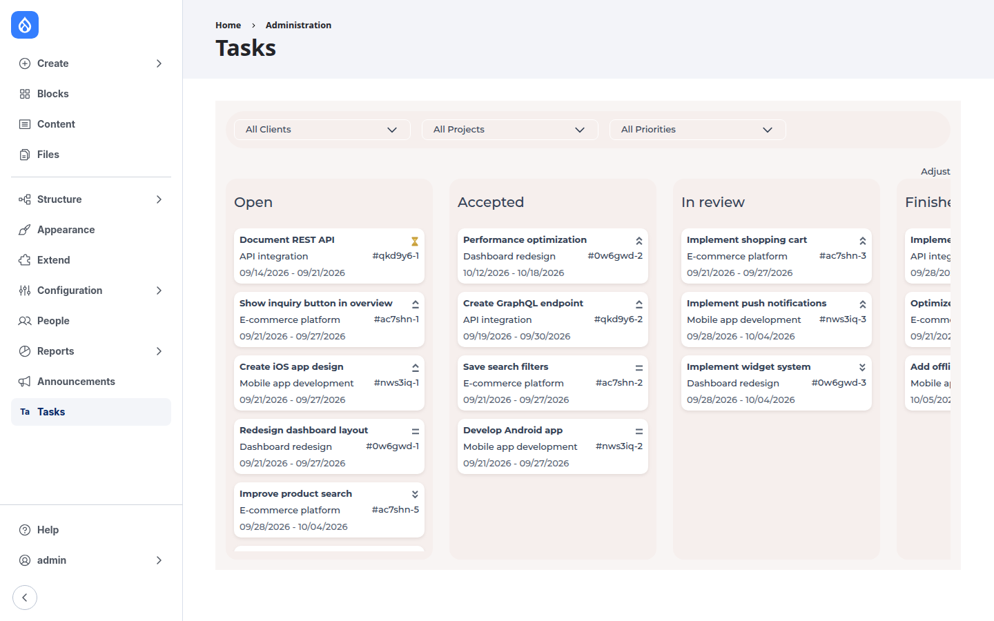 Task board in the administration area of Drupal with an open task