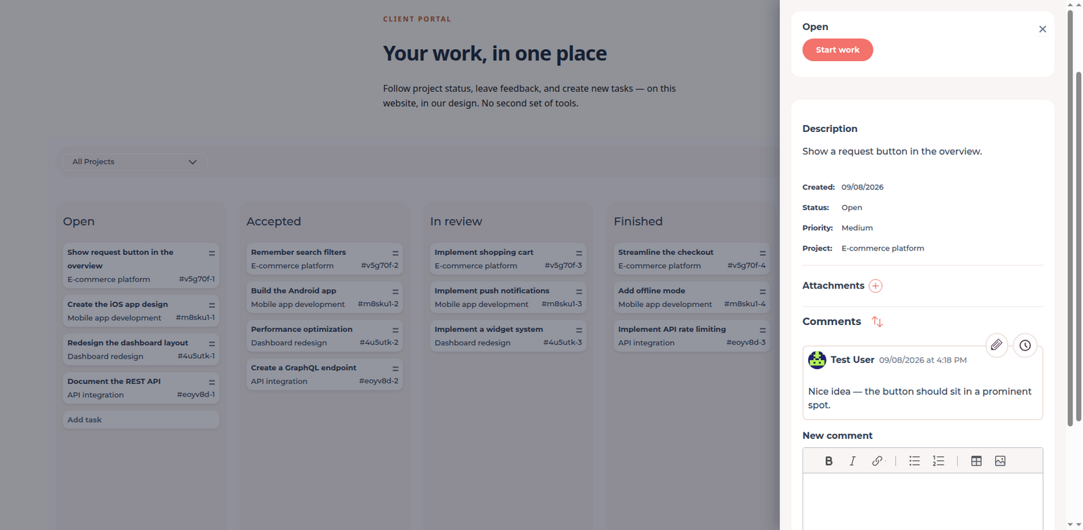 Open task sidebar on the WordPress site with description, status and comments