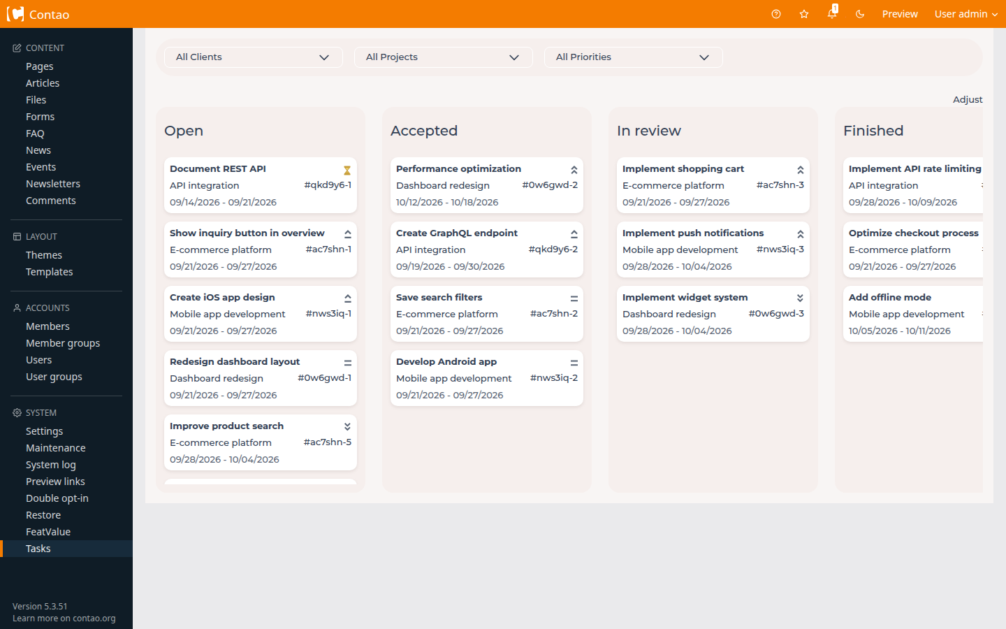 Task board in the back end of Contao with an open task