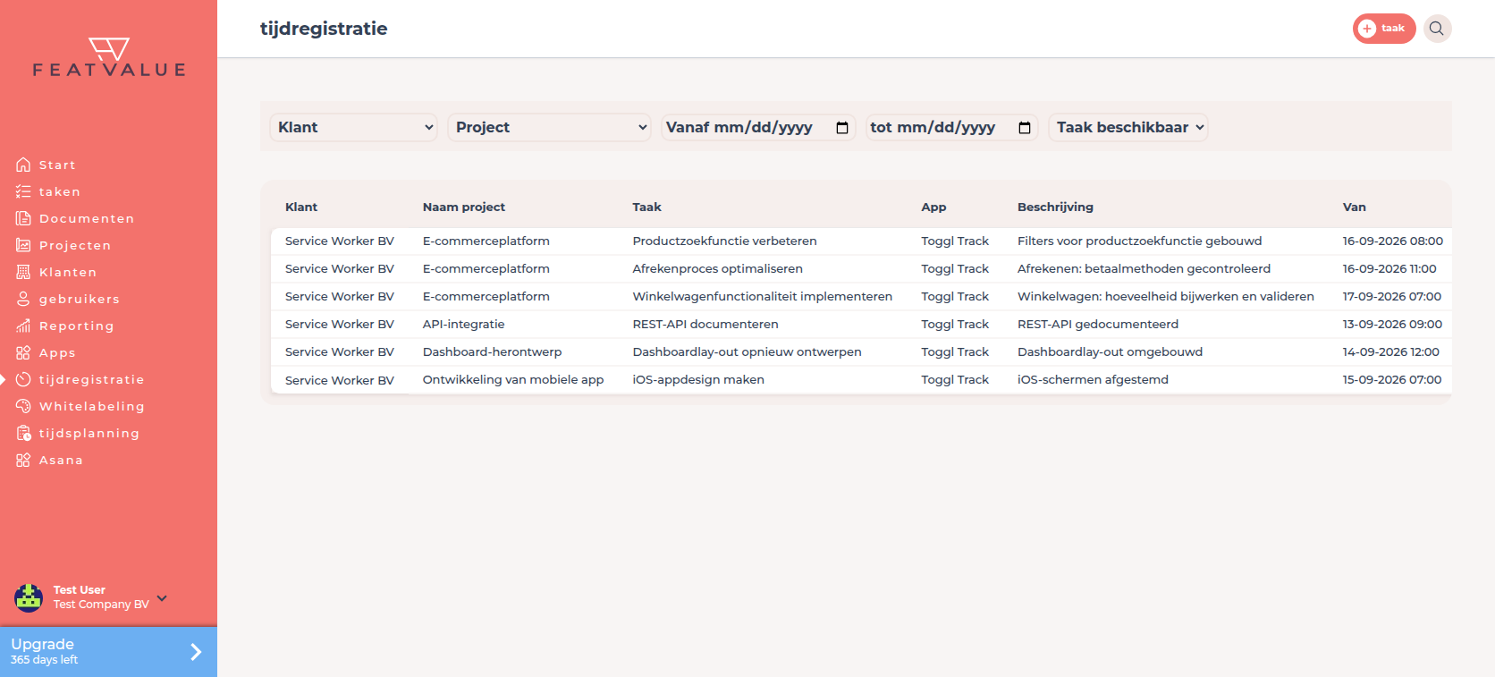Tabel van tijdregistraties met de kolommen Klant, Project, taak, Apps, beschrijving, Vanaf en tot