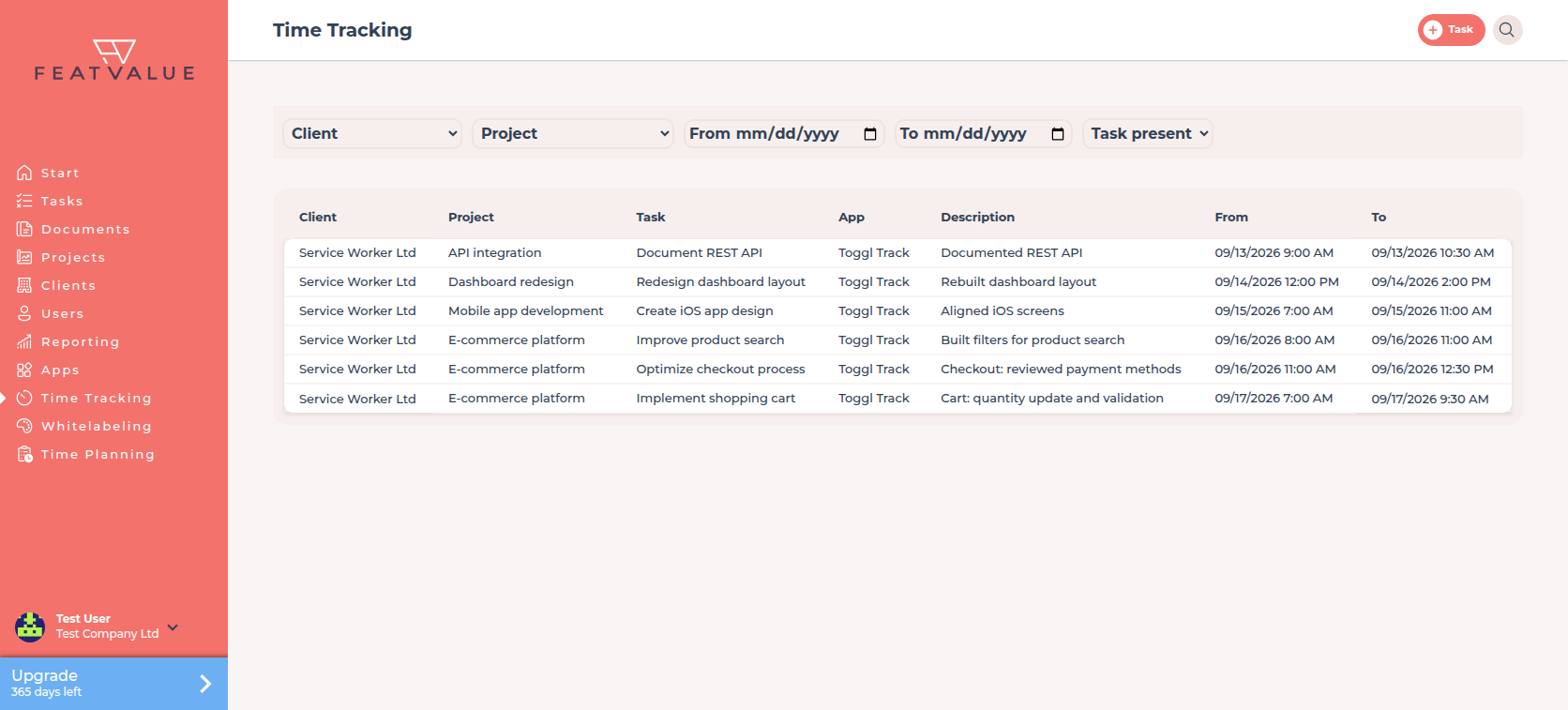 Time entries grid with the columns Client, Project, Task, App, Description, From and To
