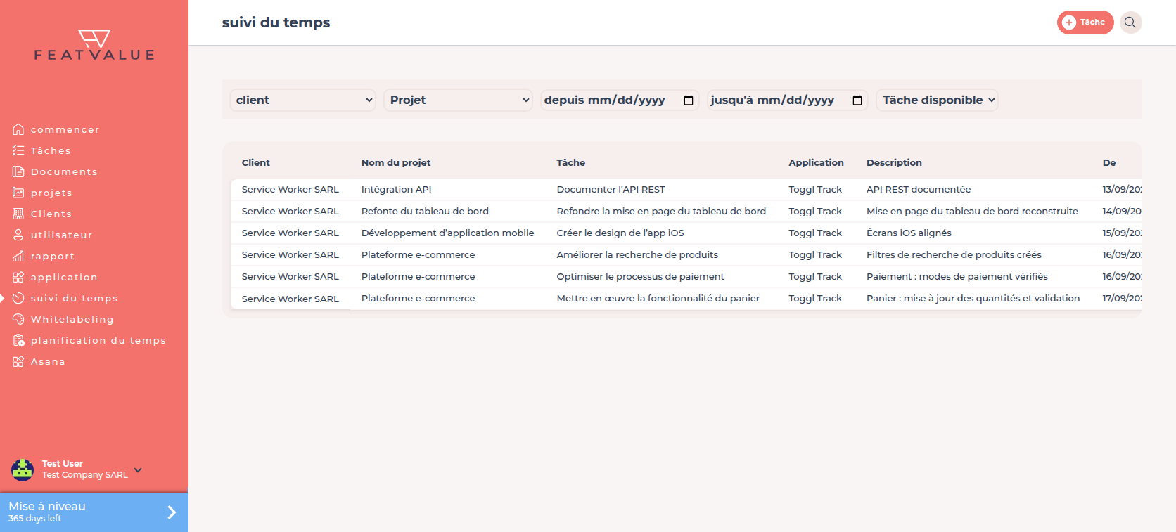 Tableau des saisies de temps avec les colonnes client, Projet, Tâche, app, Description, depuis et jusqu'à