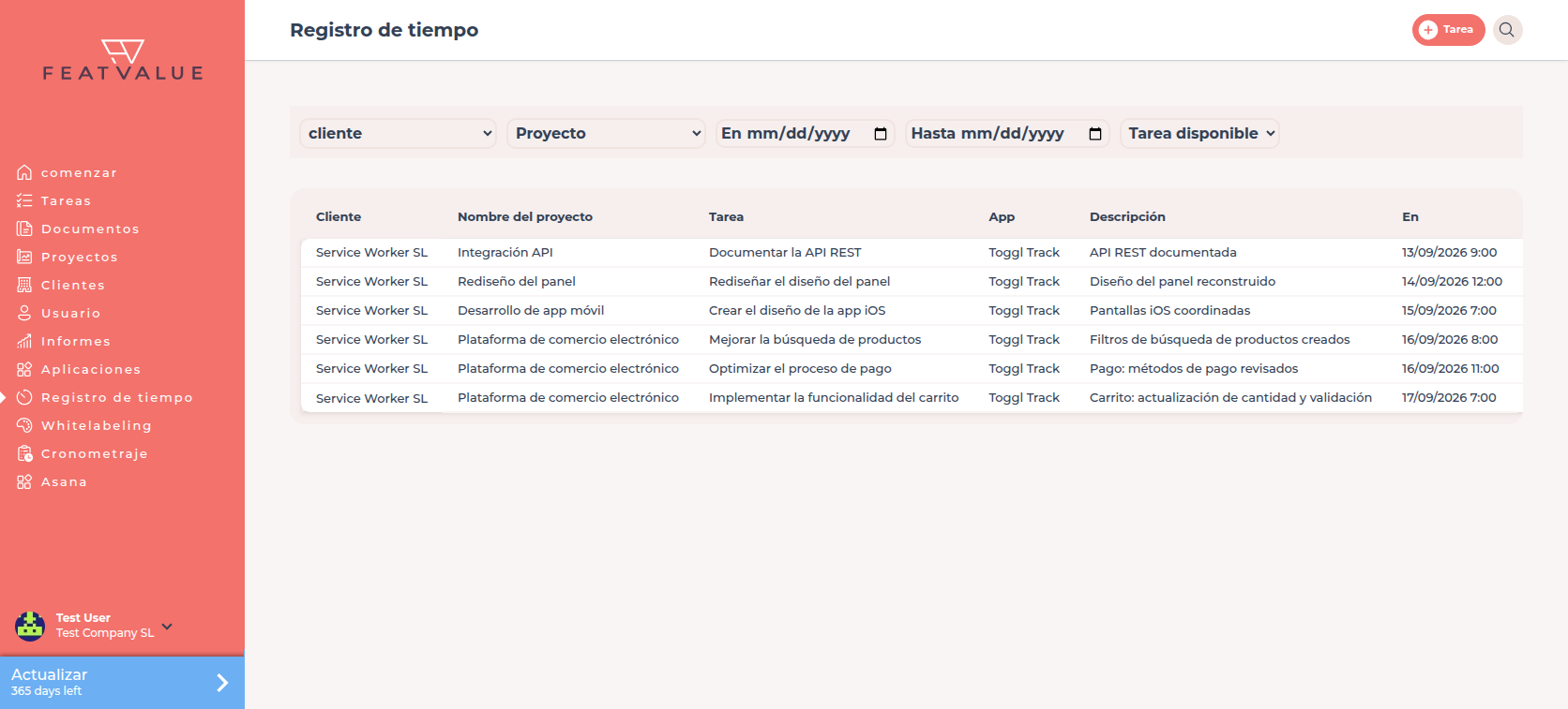 Tabla de entradas de tiempo con las columnas cliente, Proyecto, Tarea, app, Descripción, En y Hasta