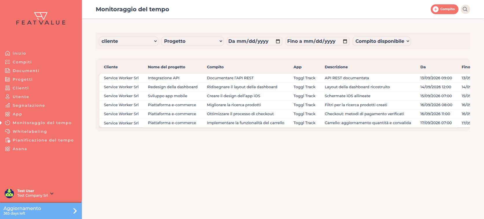 Griglia registrazioni di tempo con le colonne cliente, Progetto, Compito, App, Descrizione, Da e Fino a