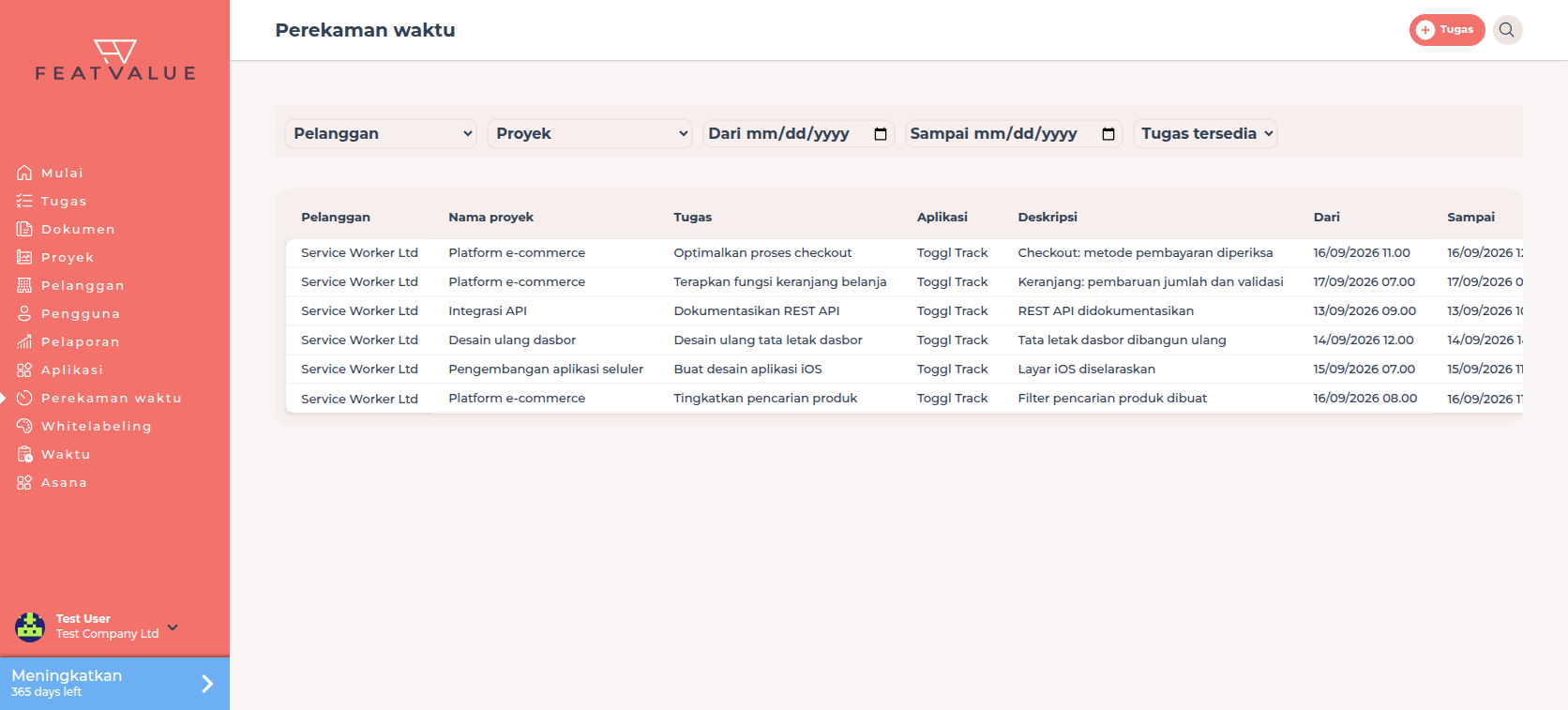 Tabel entri waktu dengan kolom Pelanggan, Proyek, Tugas, Aplikasi, Deskripsi, Dari, dan Sampai