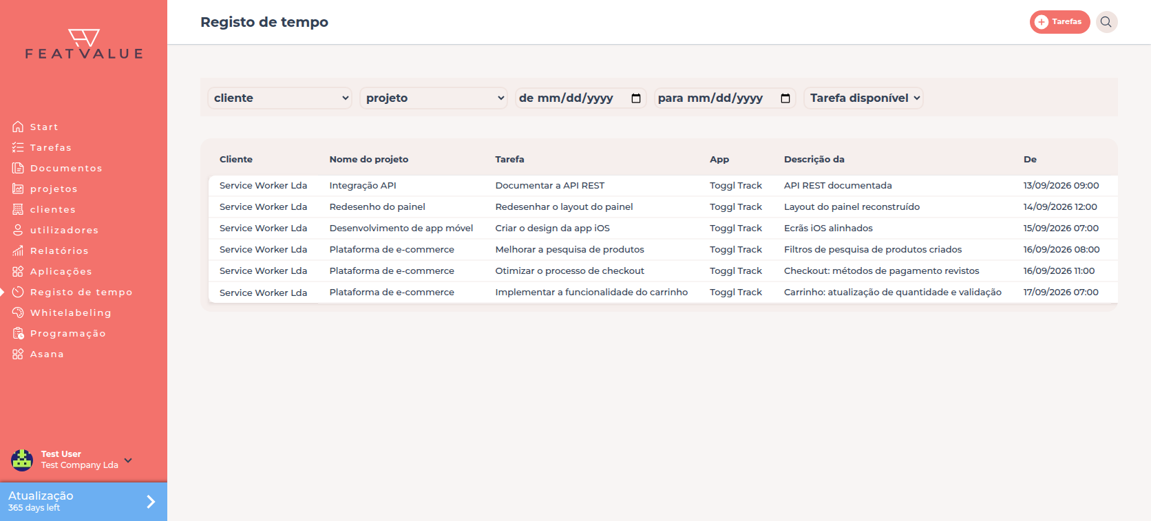 Tabela de registos de tempo com as colunas cliente, projeto, tarefa, Aplicações, descrição, de e para